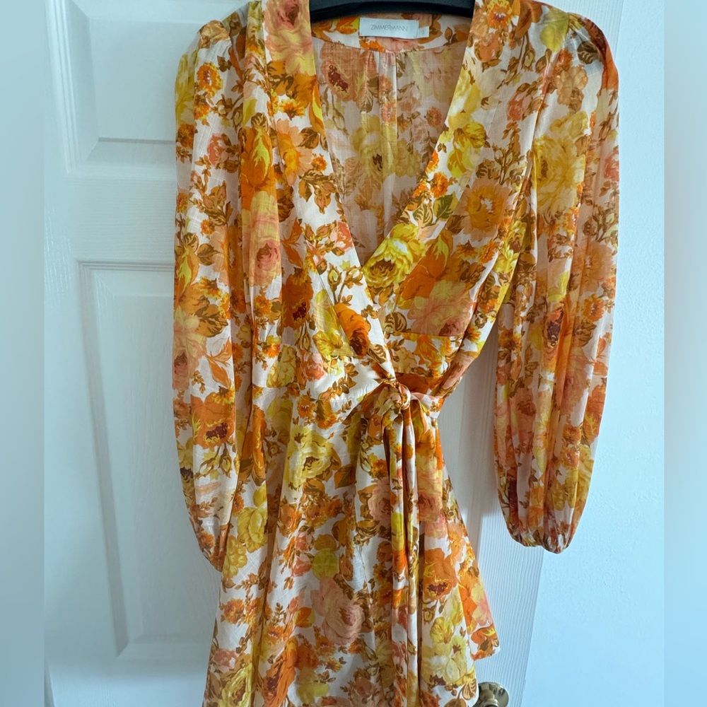 Zimmermann Raie Mini Wrap Dress in Yellow Orange Floral